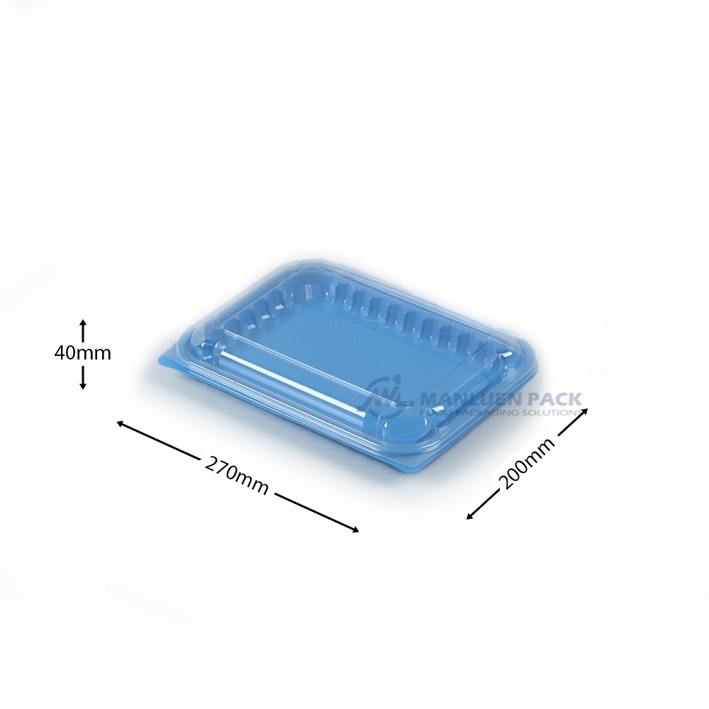 WL-CM011 Clamshell with Integrated Absorbent Holes | Manluen Pack WL-CM011 blue clamshell container with integrated absorbent hole base structure
