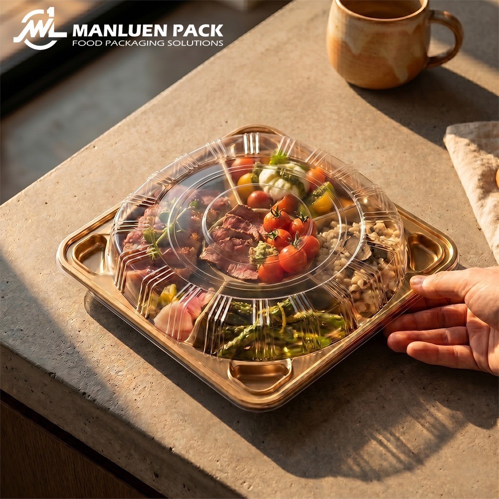 KS-65 Gold Catering Tray with Clear Lid | Manluen Pack KS-65 gold catering tray with clear lid for takeaway food packaging
