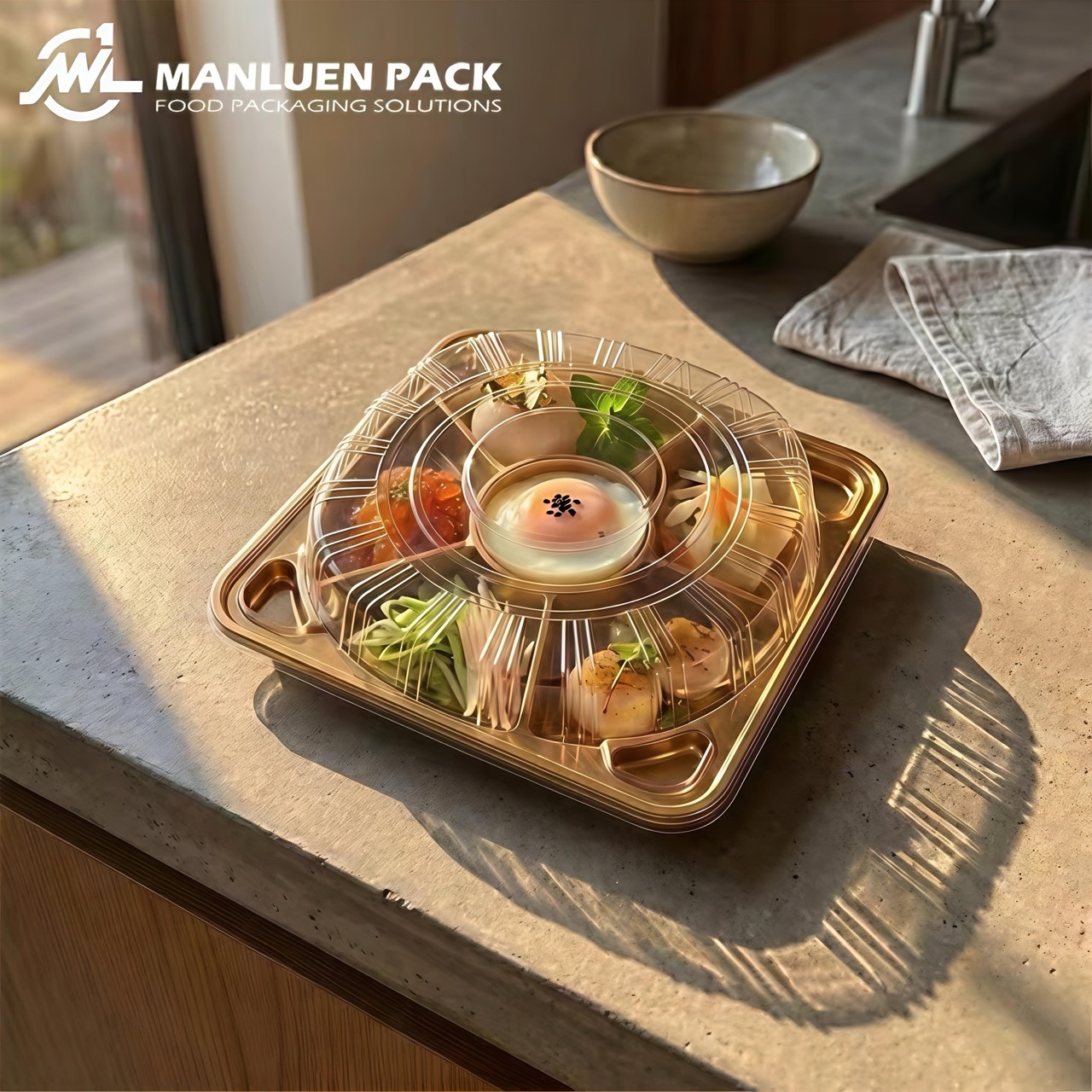 KS-65 Gold Party Tray with Clear Dome Lid | Manluen Pack KS-65 gold party tray with clear dome lid for food presentation