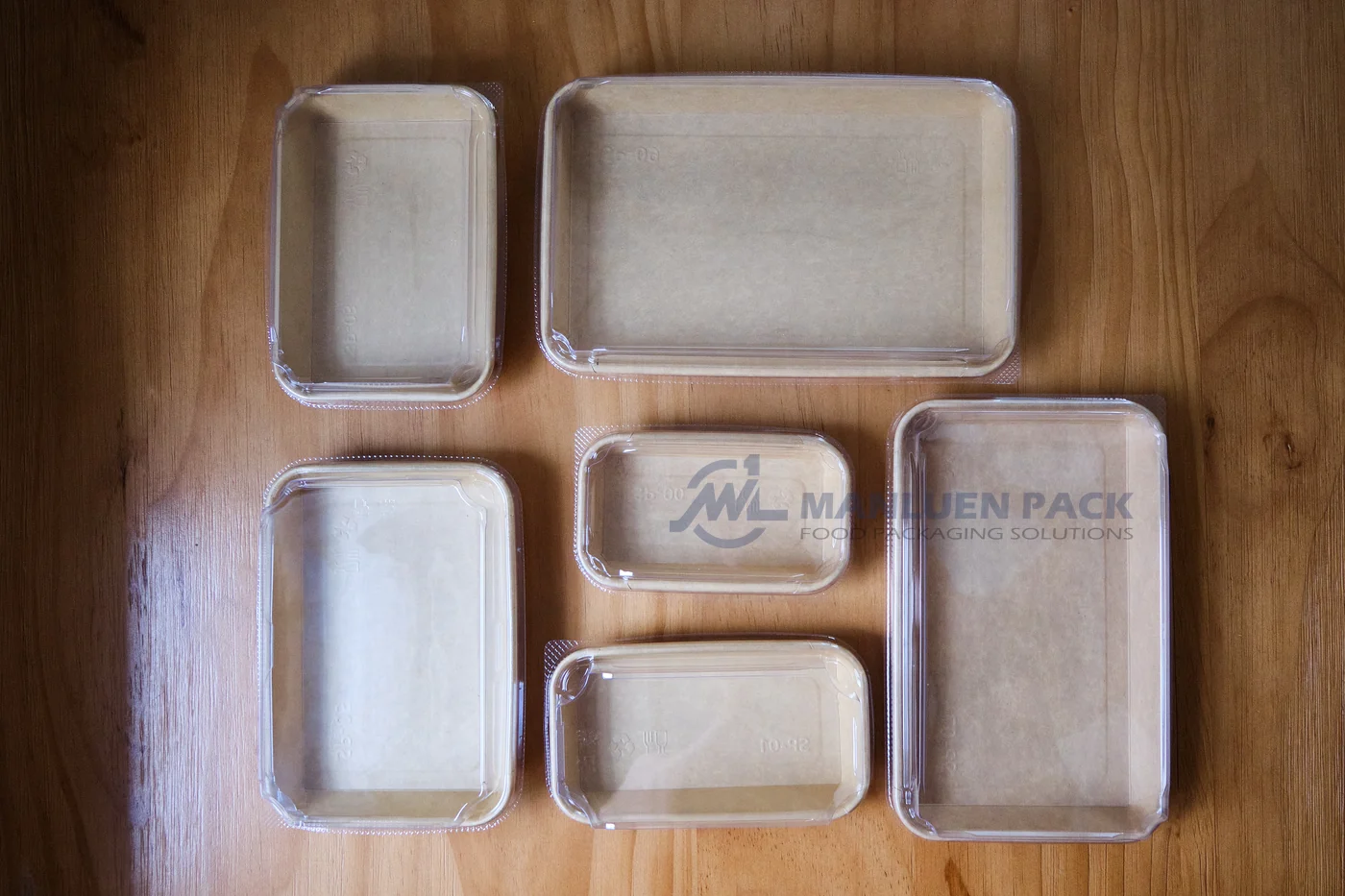 Kraft Paper Sushi Tray Custom Size Collection | Manluen Pack Collection of kraft paper sushi trays in multiple sizes for custom and wholesale takeaway packaging