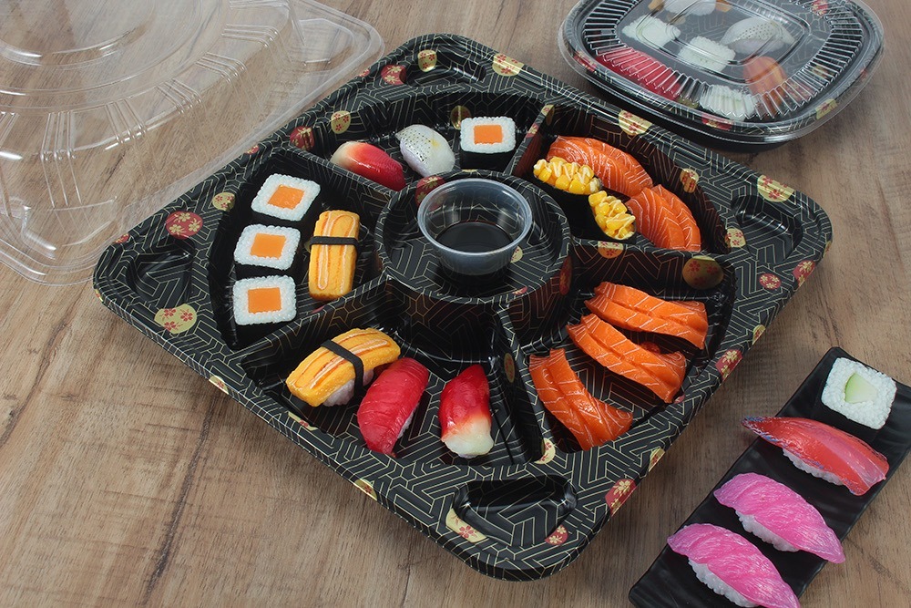 Ks65 Black Sakura Sushi Platter Tray Open
