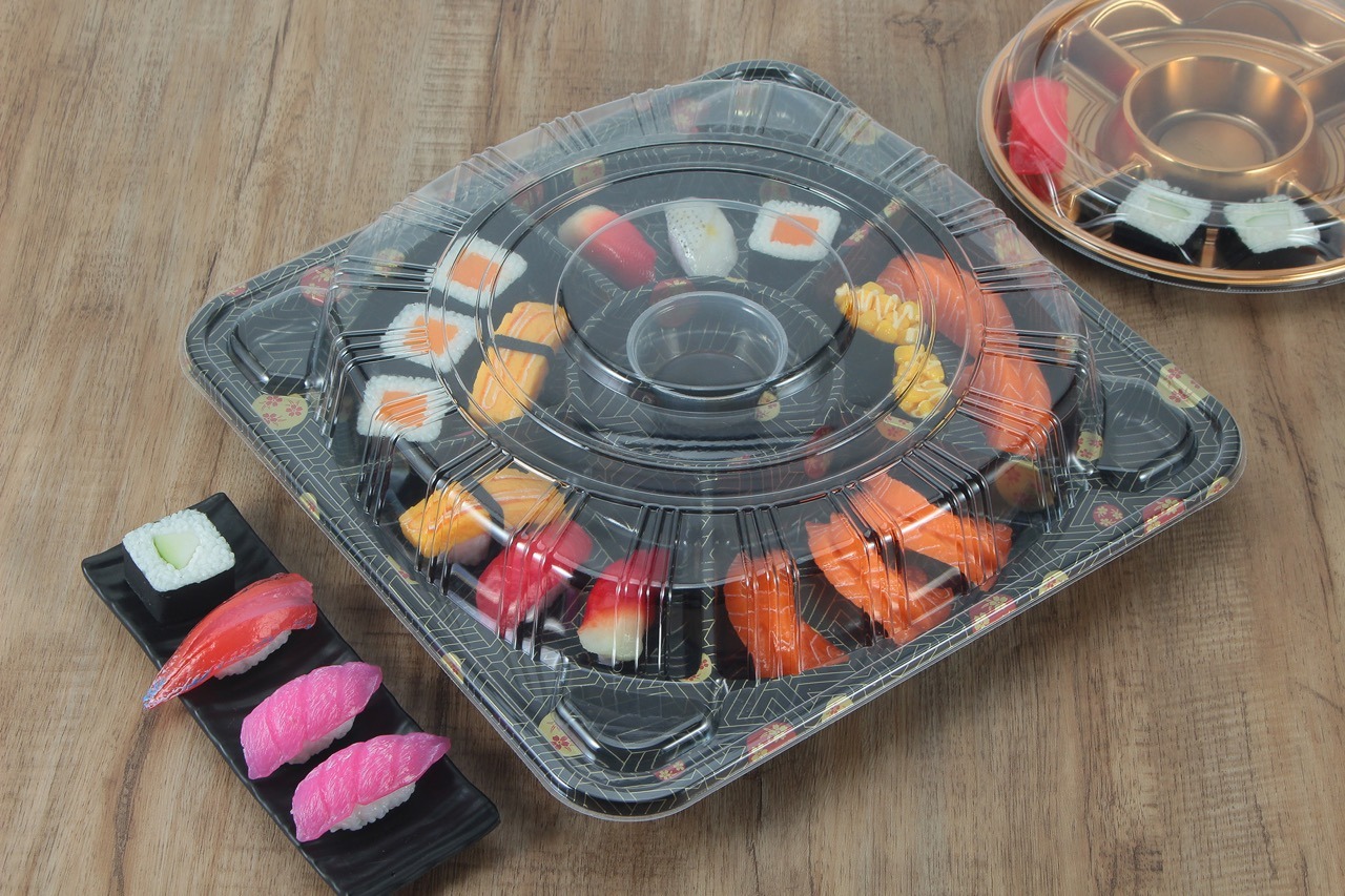 Ks65 Black Sakura Sushi Tray With Clear Lid