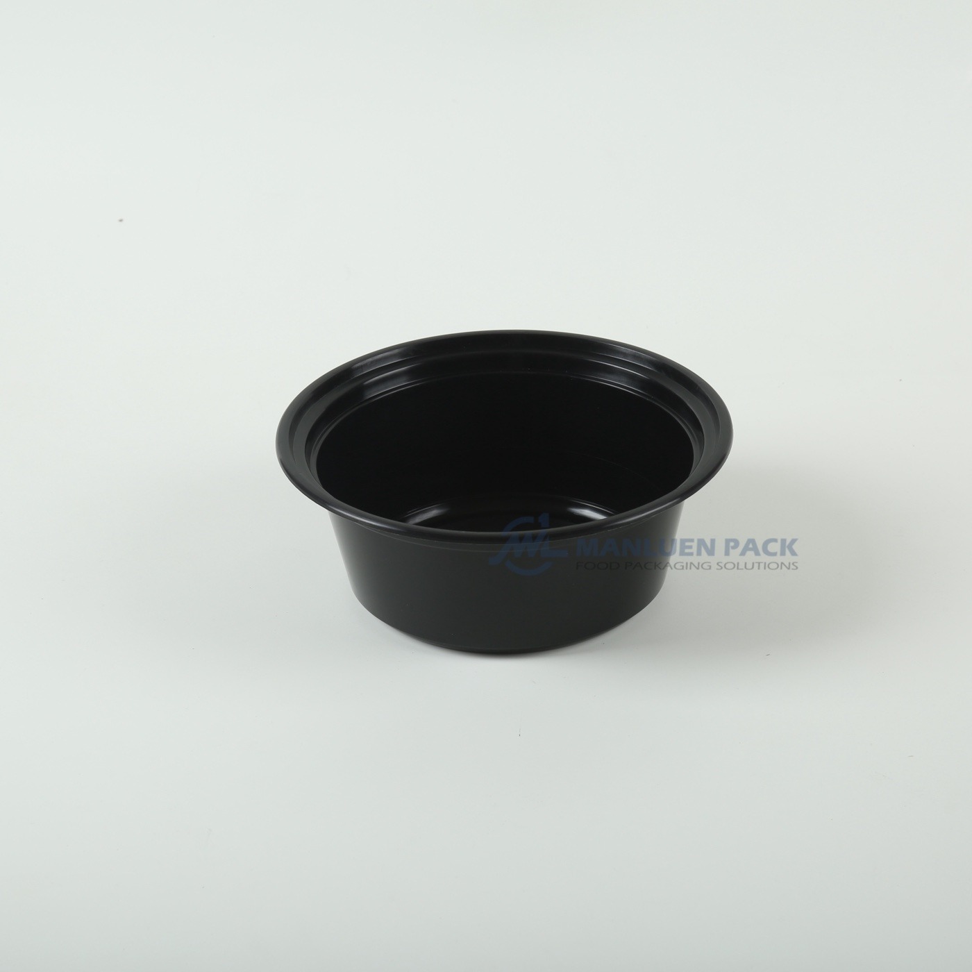 WL-0038 38 oz Deep Disposable Food Bowl | Manluen Pack WL-0038 black PP 38 oz deep disposable round food bowl open view