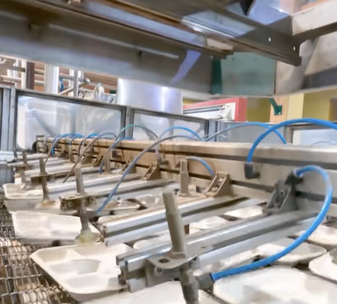 What Is Bagasse Packaging? 7 Production line manufacturing molded fiber bagasse containers using industrial molding equipment
