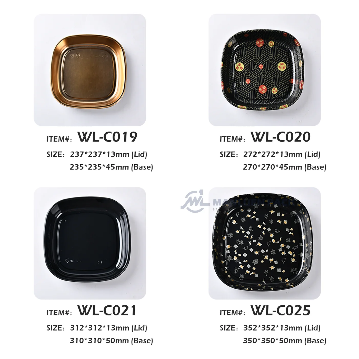Manluen Pack square sushi tray custom size range showing customizable food packaging formats