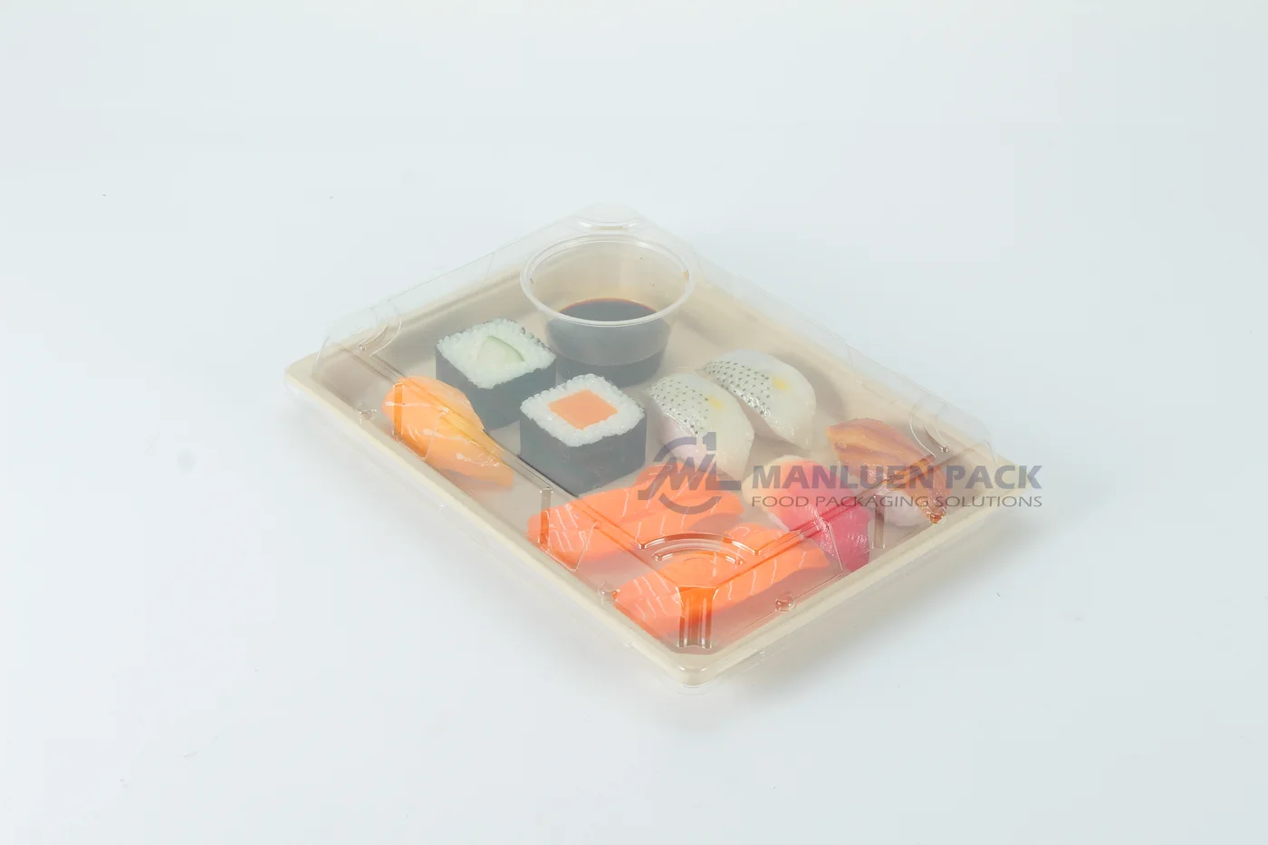 Covered WL-11 bagasse sushi tray with assorted sushi and sauce cup