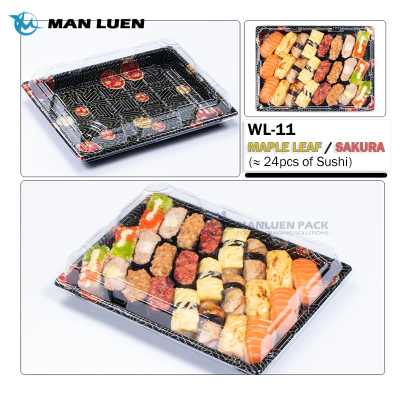 WL-11 Custom Sakura Sushi Tray Options | Manluen Pack WL-11 Sakura sushi tray showing customizable colors, patterns and food packaging options