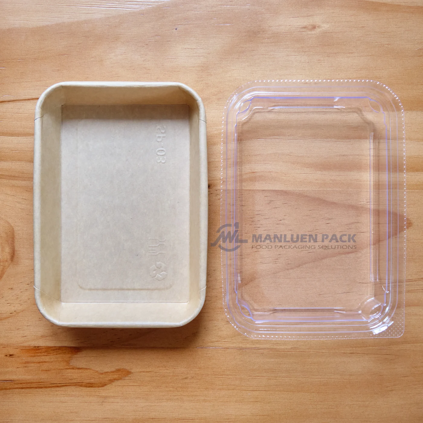WL-1103 kraft paper sushi tray and lid side-by-side