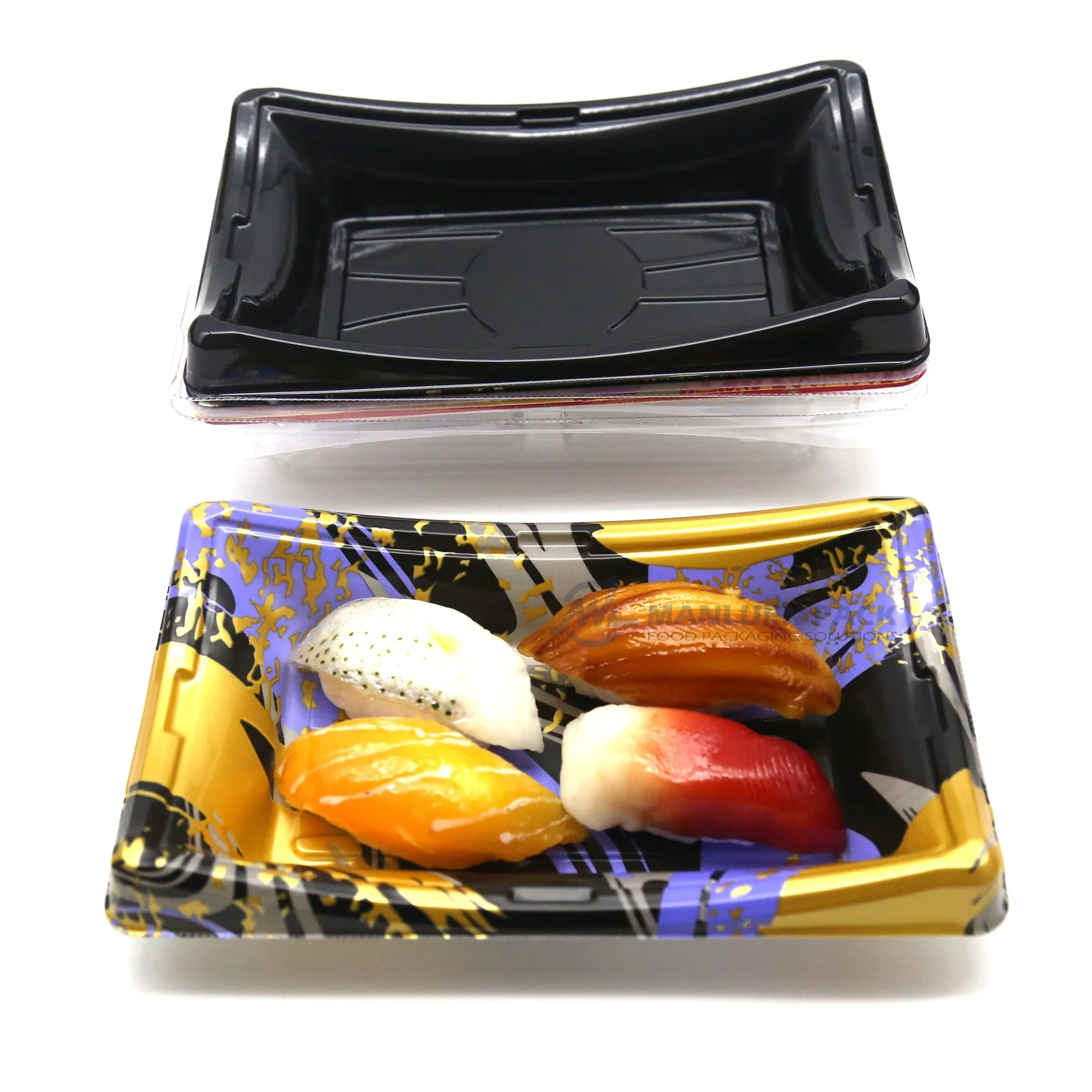 Decorative WL-20B sushi tray with assorted nigiri and matching lid