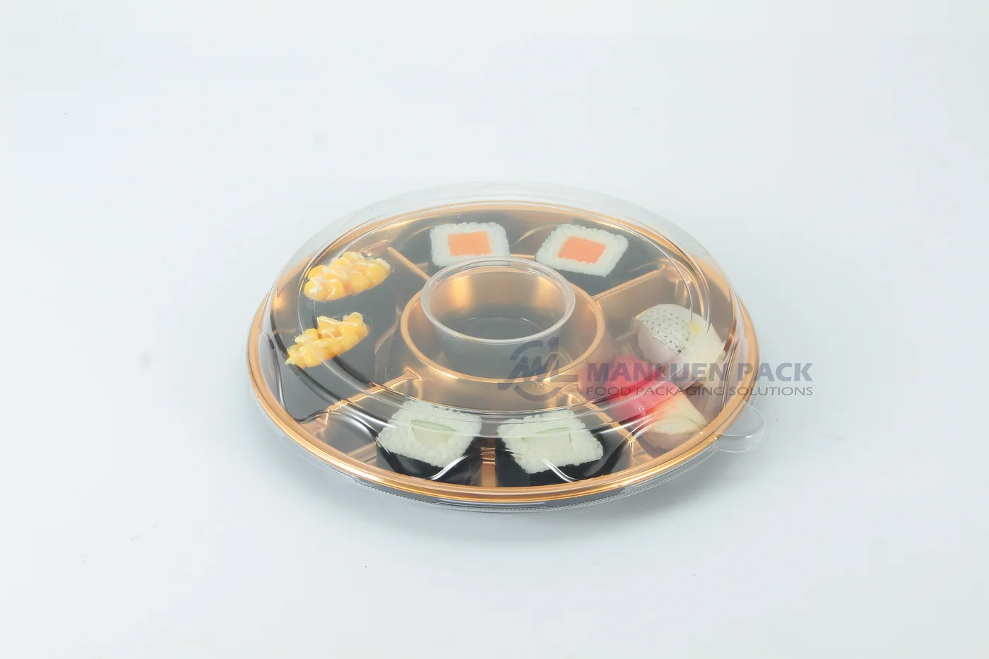 WL-250 sushi packaging shown in a covered compartment sushi tray studio view