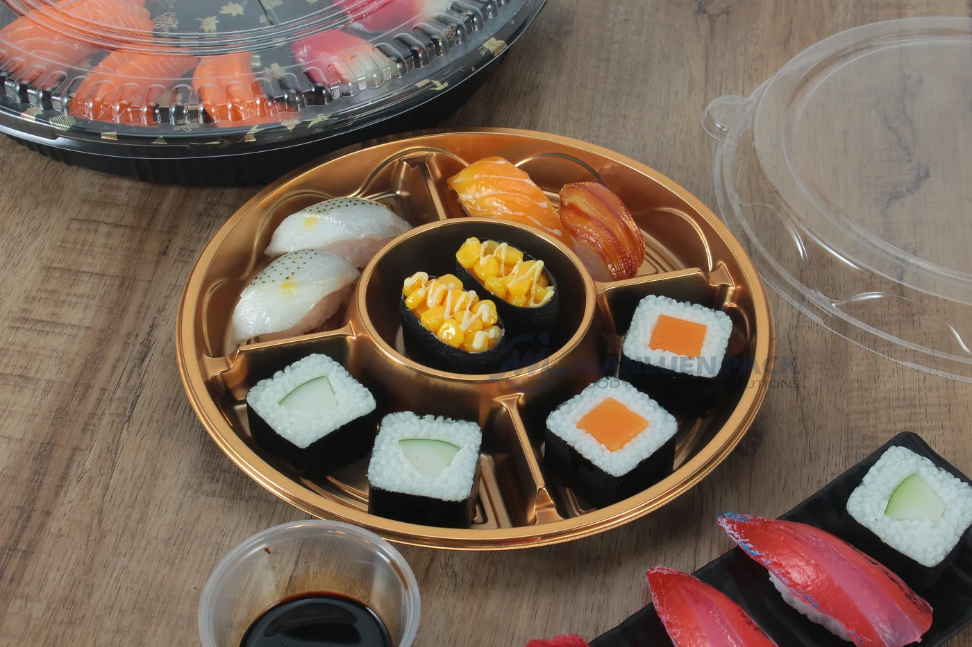 WL-250 sushi packaging shown in a open compartment sushi tray alternative tabletop view