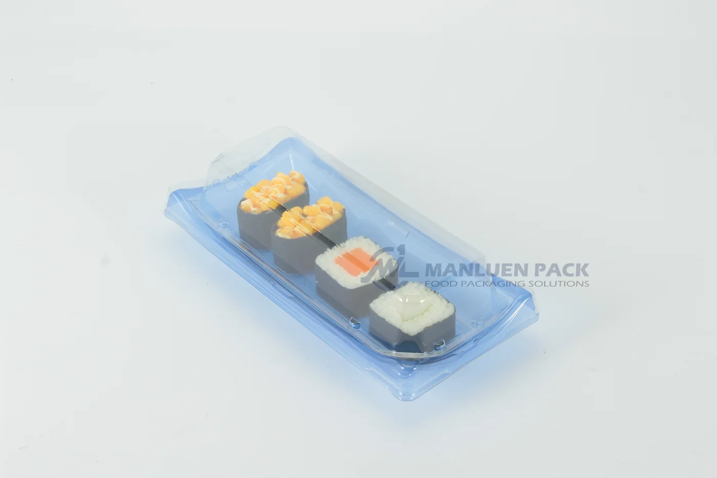 Covered WL-30B sushi tray with assorted sushi in a studio setting