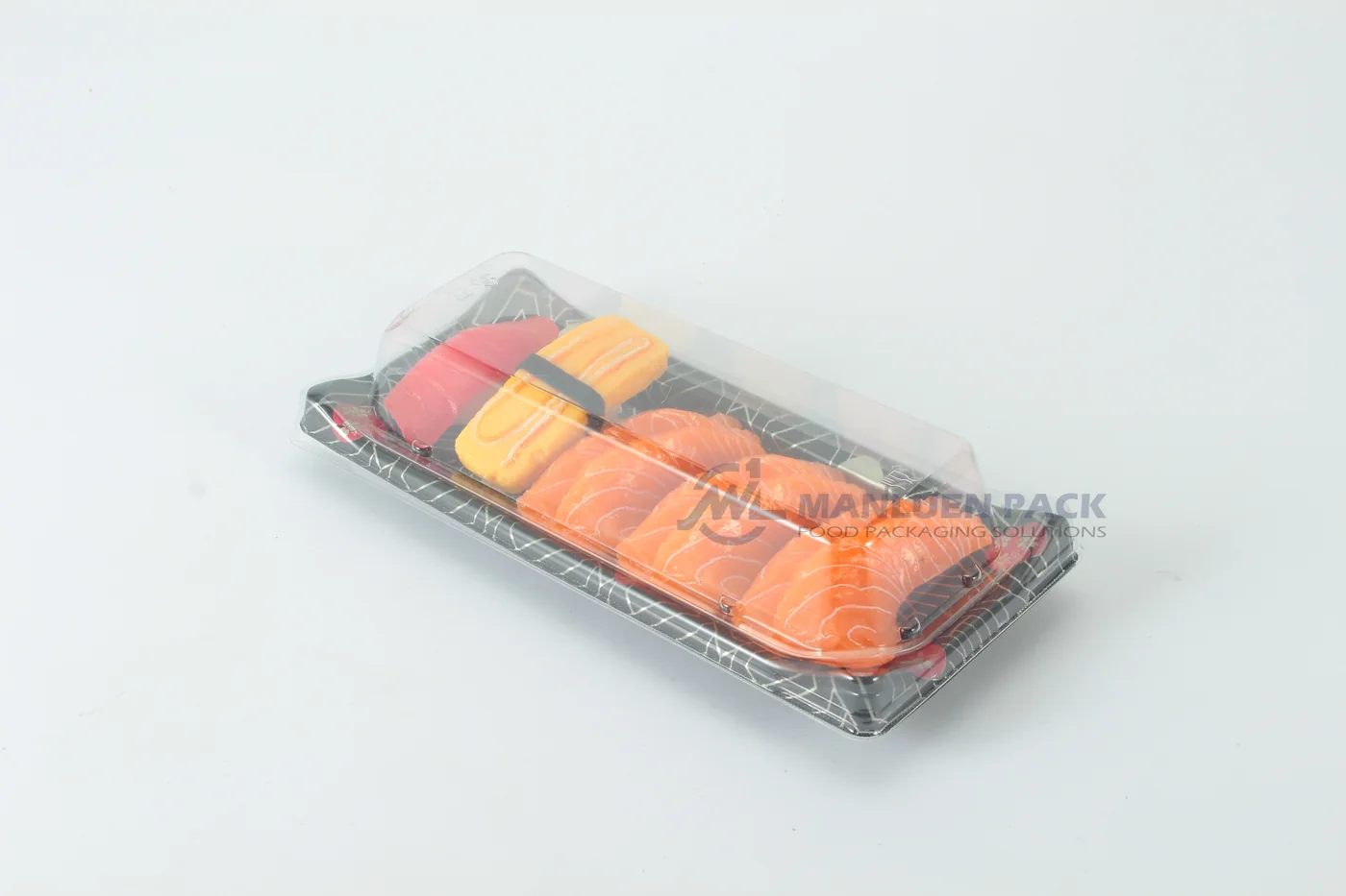 WL-30B boat shape sushi tray with salmon nigiri in a studio display
