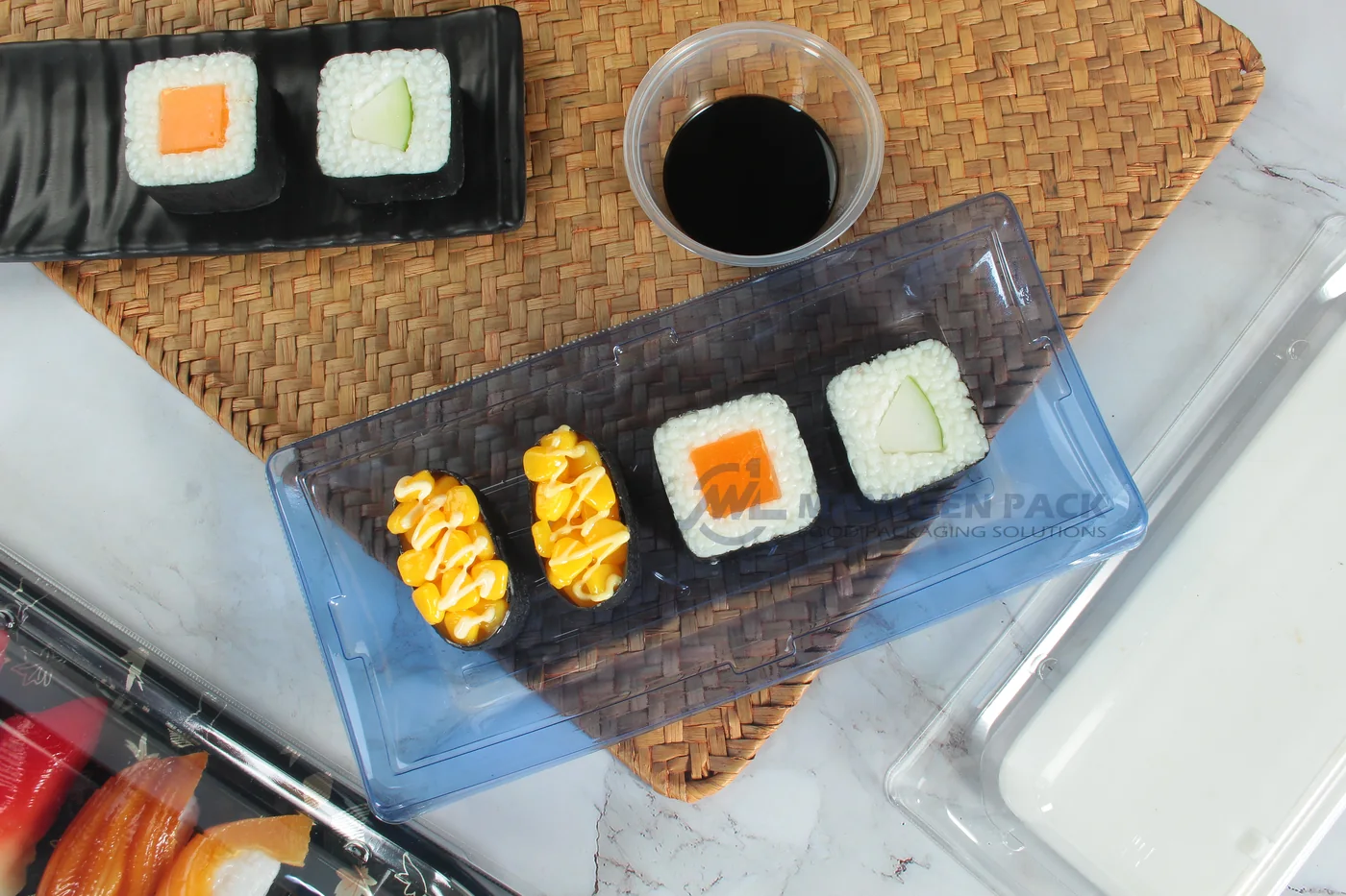 WL-30B covered sushi tray photographed from above in a food display
