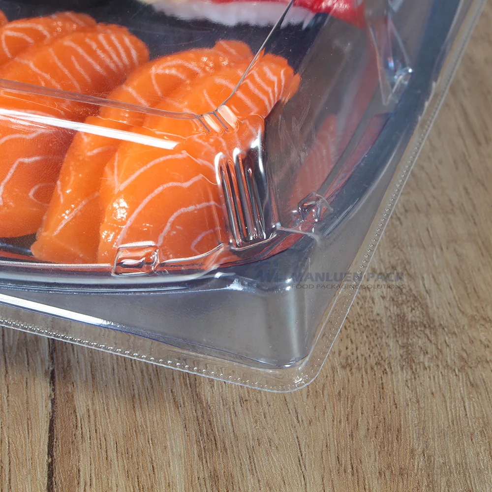 Close-up of the clear lid locking edge on a WL-40B sushi tray