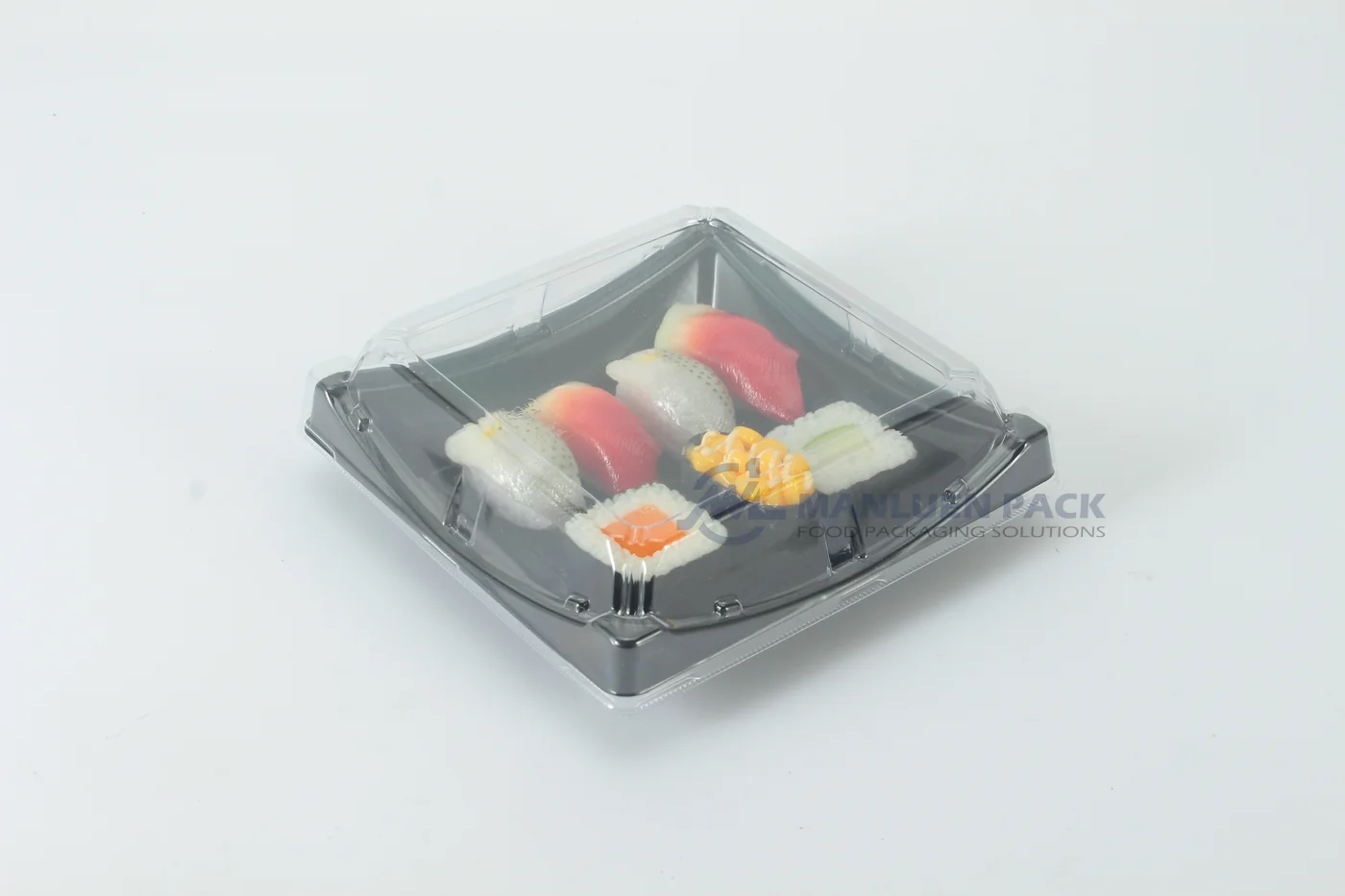 WL-40B covered boat shape sushi tray with assorted nigiri in a studio view