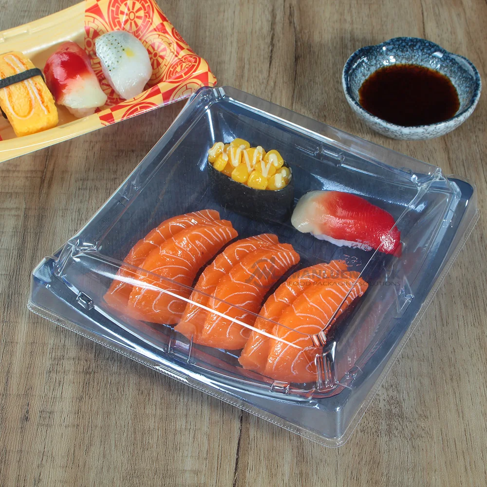 WL-40B Covered Party Sushi Tray | Manluen Pack Covered WL-40B square party sushi tray prepared for family portions and takeaway