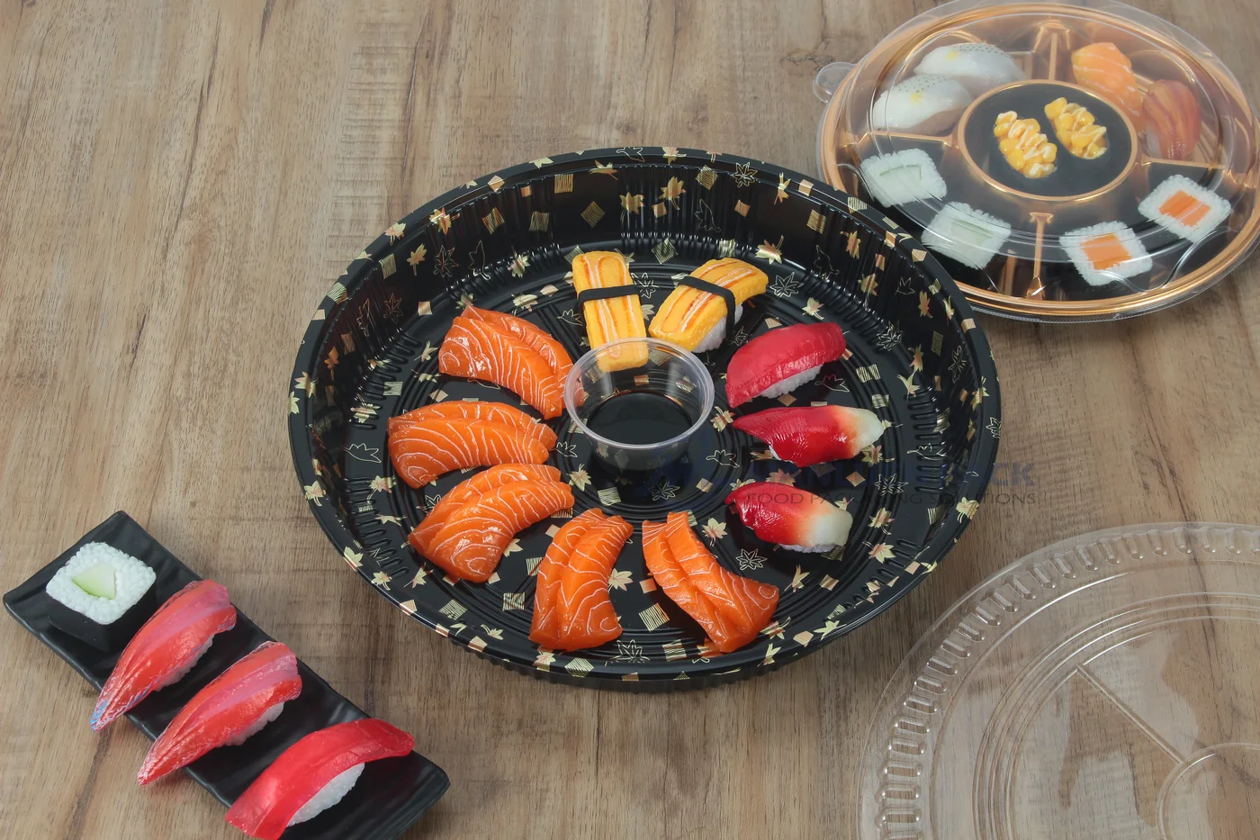 WL-64 sushi packaging shown in a open round sushi platter alternative tabletop view