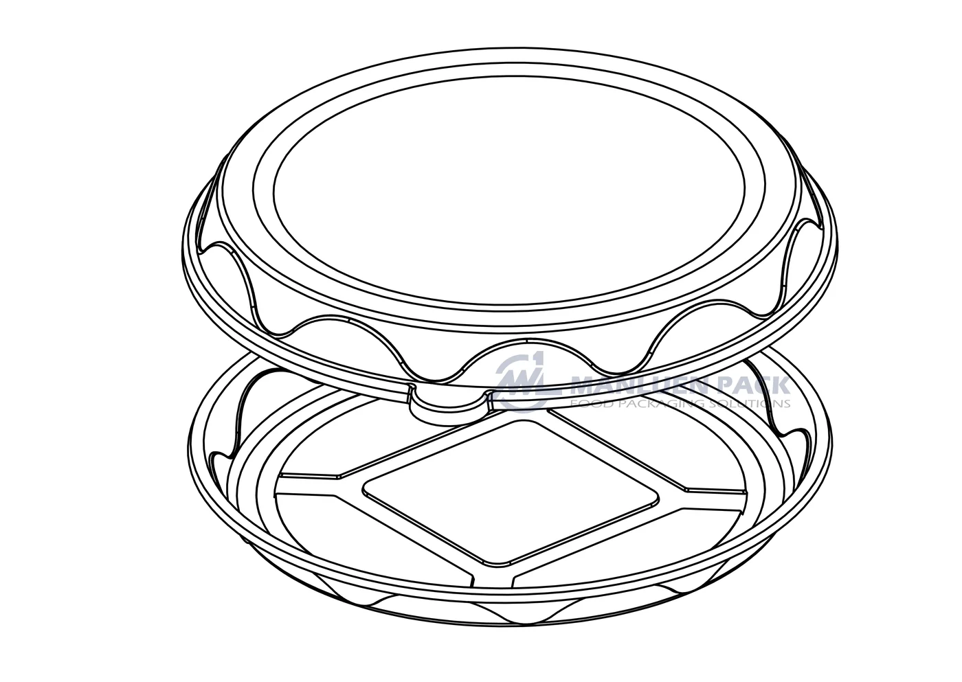 WL-64 Round Sushi Platter Structure and Dimensions | Manluen Pack WL-64 round sushi platter structure drawing showing the deep base and matching clear lid