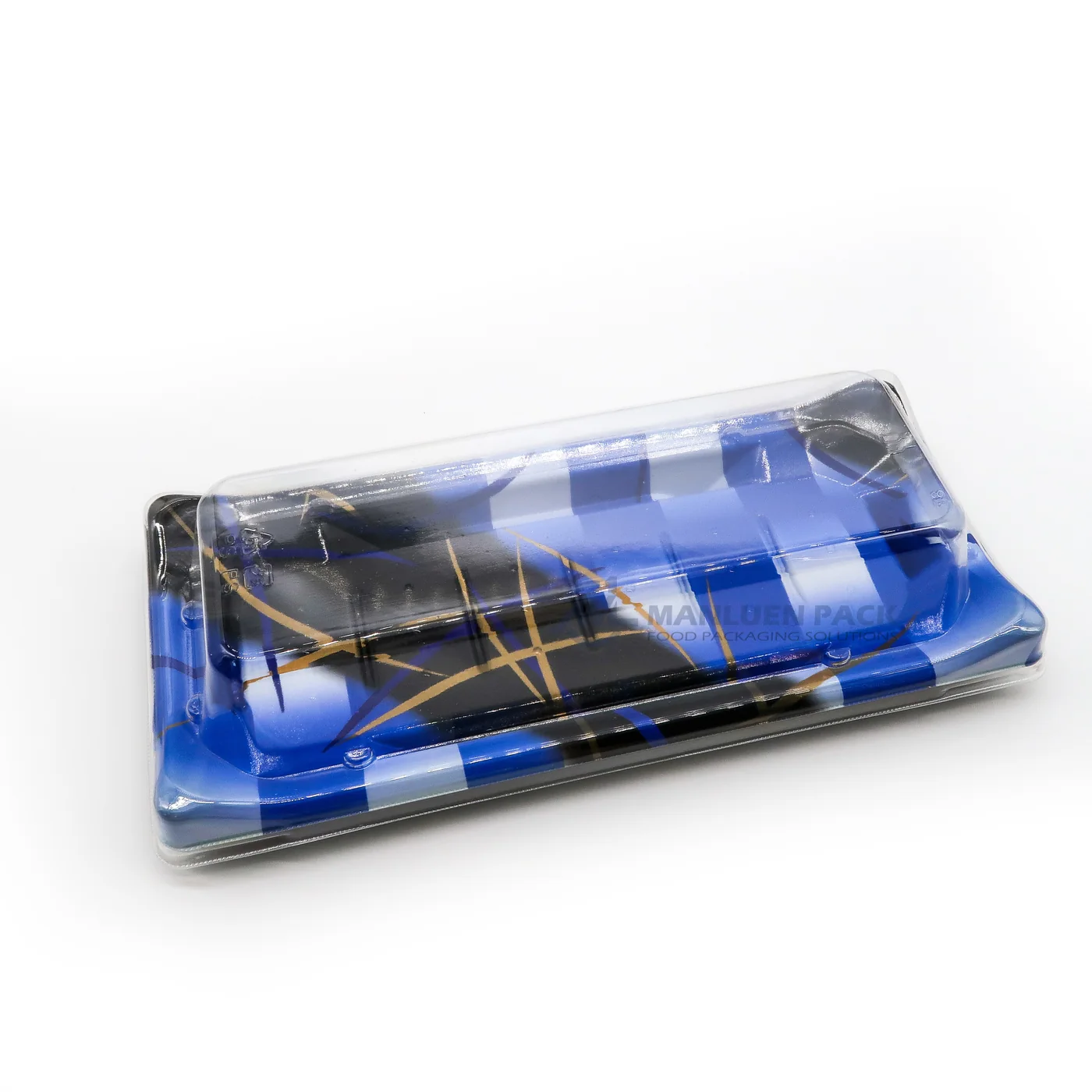 WL-B01 boat shape sushi tray shown in a blue covered tray studio view