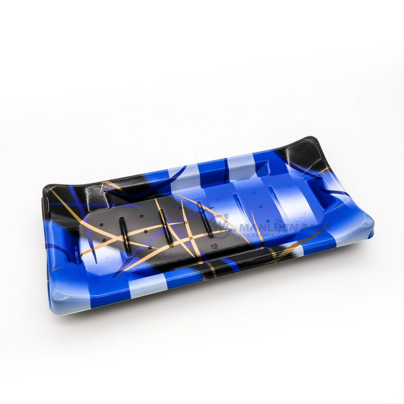 WL-B01 boat shape sushi tray shown in a blue decorative base angled view