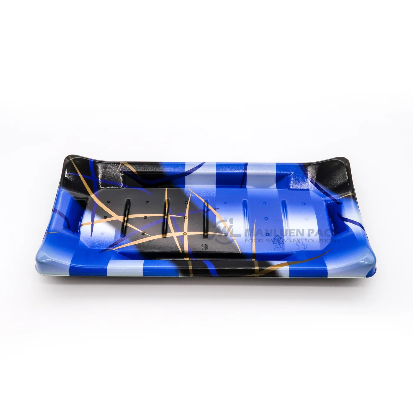 WL-B01 Blue Decorative Sushi Tray Base | Manluen Pack Front view of the WL-B01 blue decorative sushi tray base for rolls and nigiri