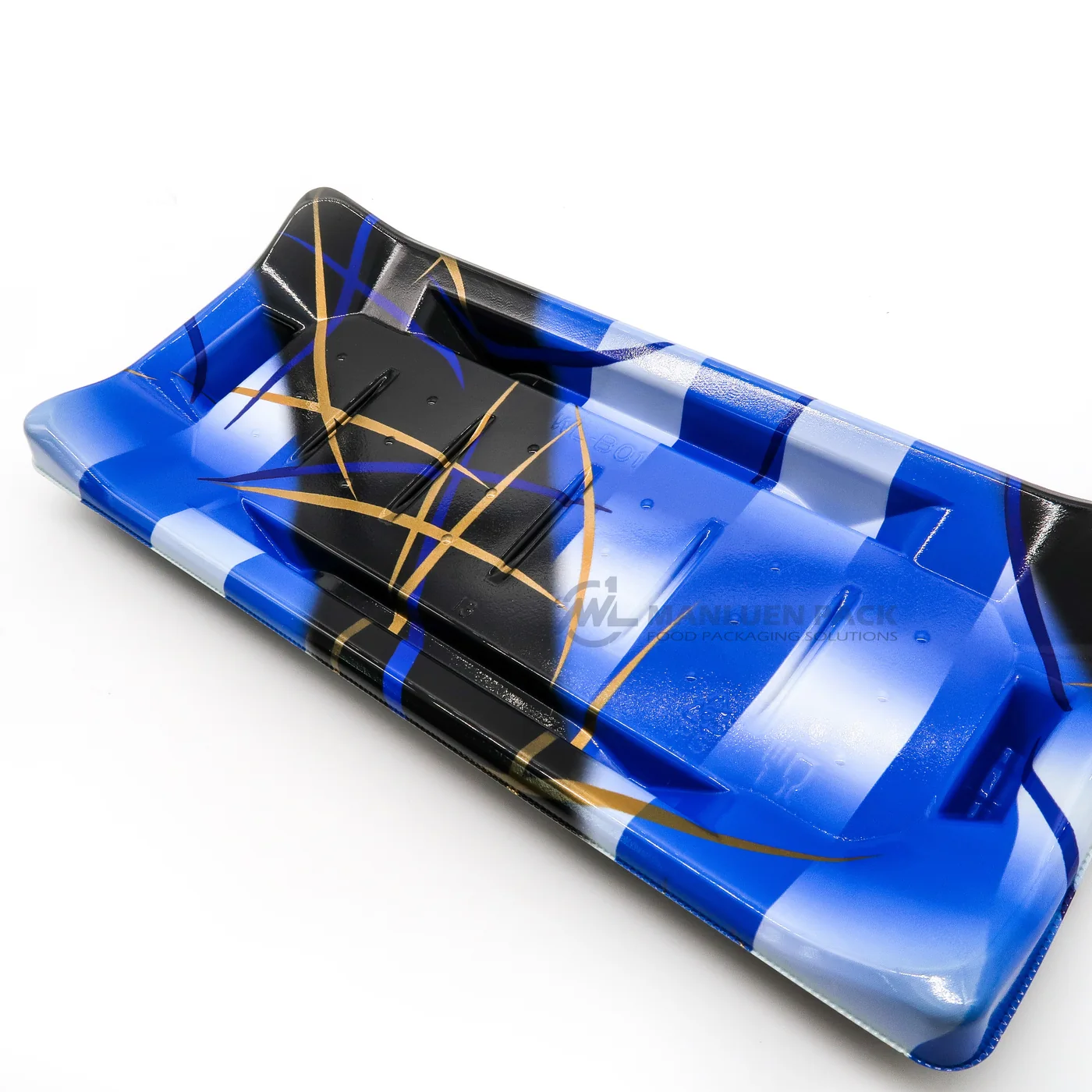 WL-B01 boat shape sushi tray shown in a blue decorative tray close-up