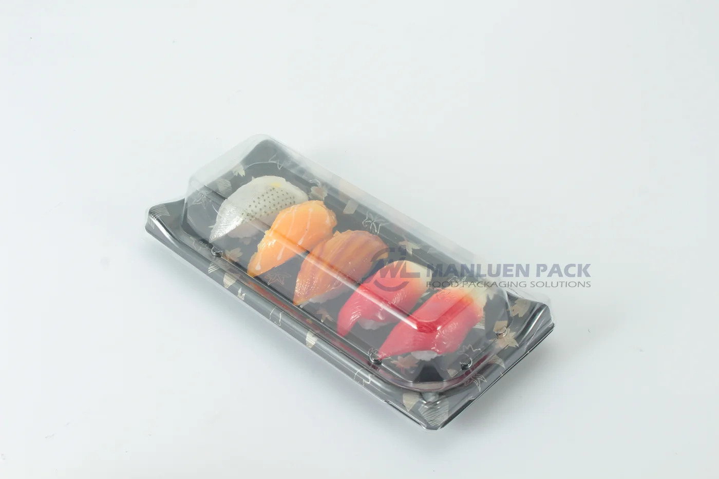 WL-B01 boat shape sushi tray shown in a covered sushi tray studio view