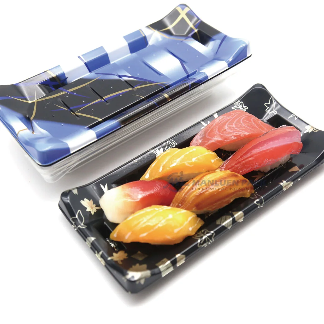 WL-B01 boat shape sushi tray shown in a custom finish covered tray assortment