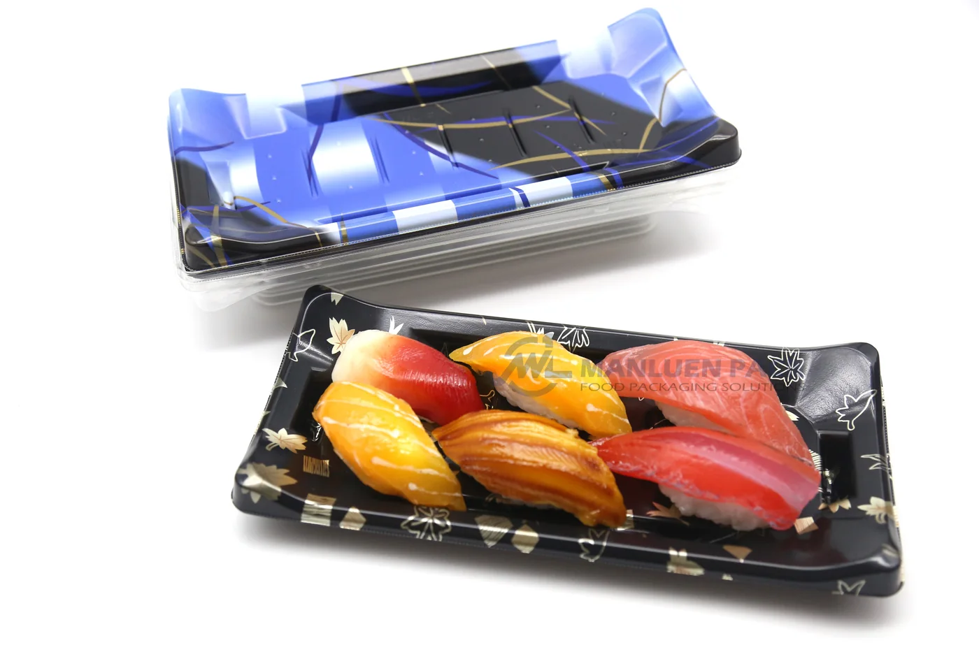 WL-B01 boat shape sushi tray shown in a decorative sushi tray assortment