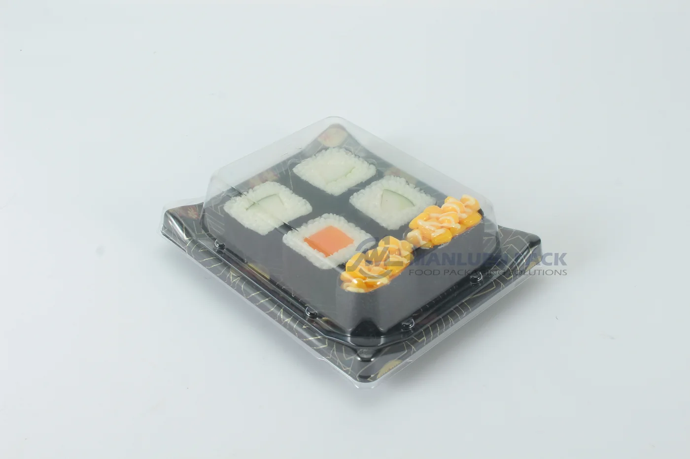 WL-B03 boat shape sushi tray shown in a covered sushi tray studio view