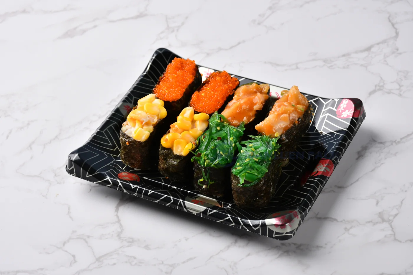 WL-B03 boat shape sushi tray shown in a gunkan sushi presentation on marble