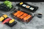 WL-B03 covered boat shape sushi tray with salmon sushi in a lifestyle setting