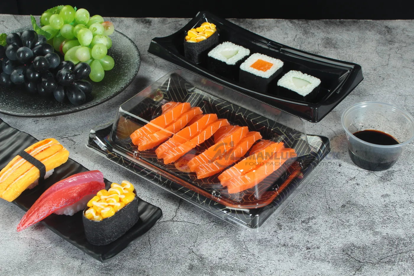 WL-B03 covered boat shape sushi tray with salmon sushi in a lifestyle setting