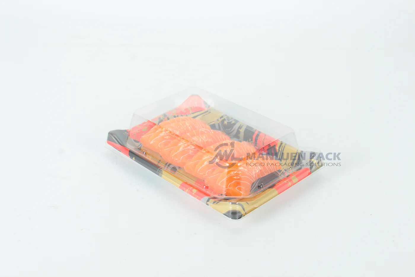 WL-B05 boat shape sushi tray shown in a covered salmon sushi tray studio