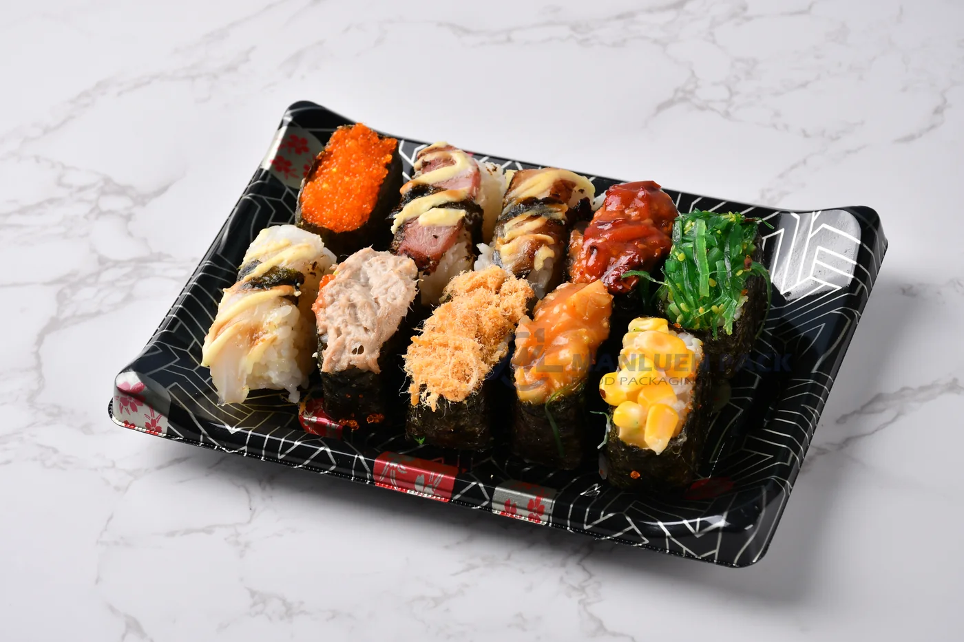 WL-B05 boat shape sushi tray shown in a gunkan sushi presentation on marble
