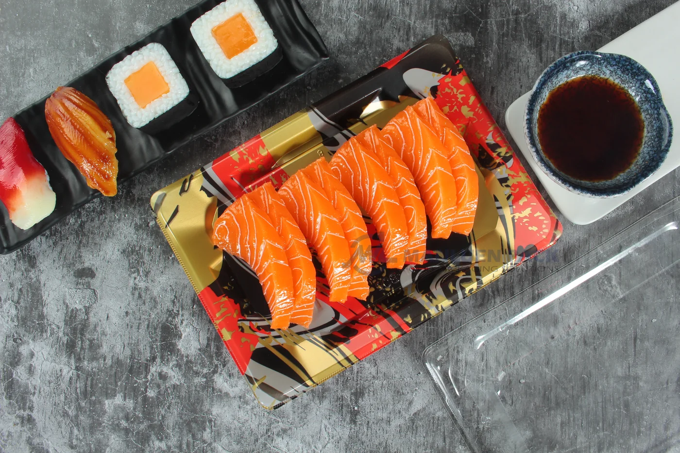 WL-B05 boat shape sushi tray shown in a open salmon tray lifestyle view