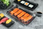 WL-B05 covered boat shape sushi tray with salmon sushi in a lifestyle setting