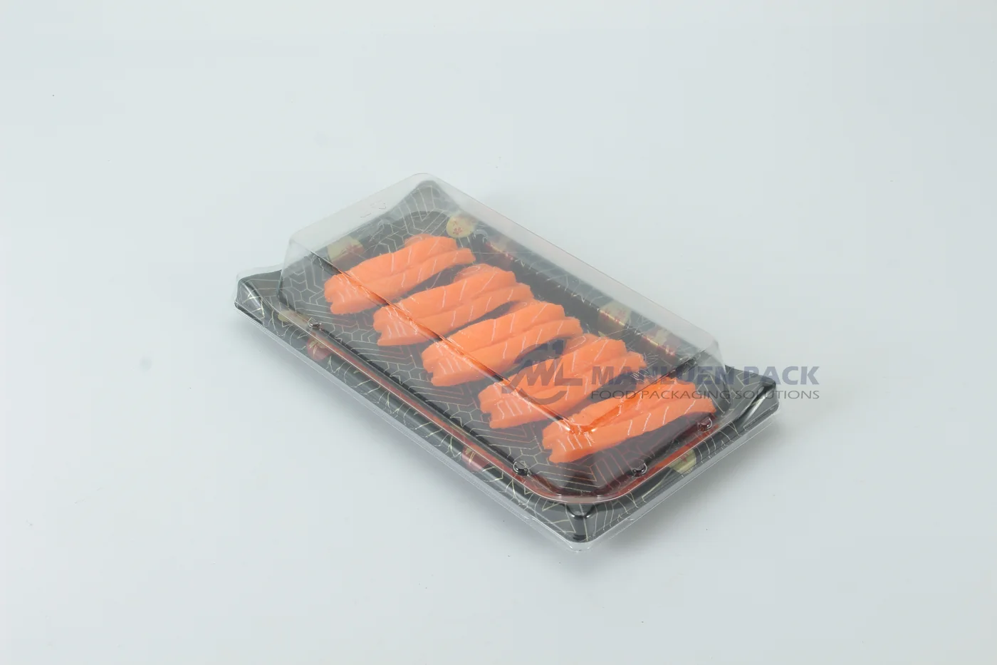 WL-B07 covered boat shape sushi tray with salmon sushi in a studio view