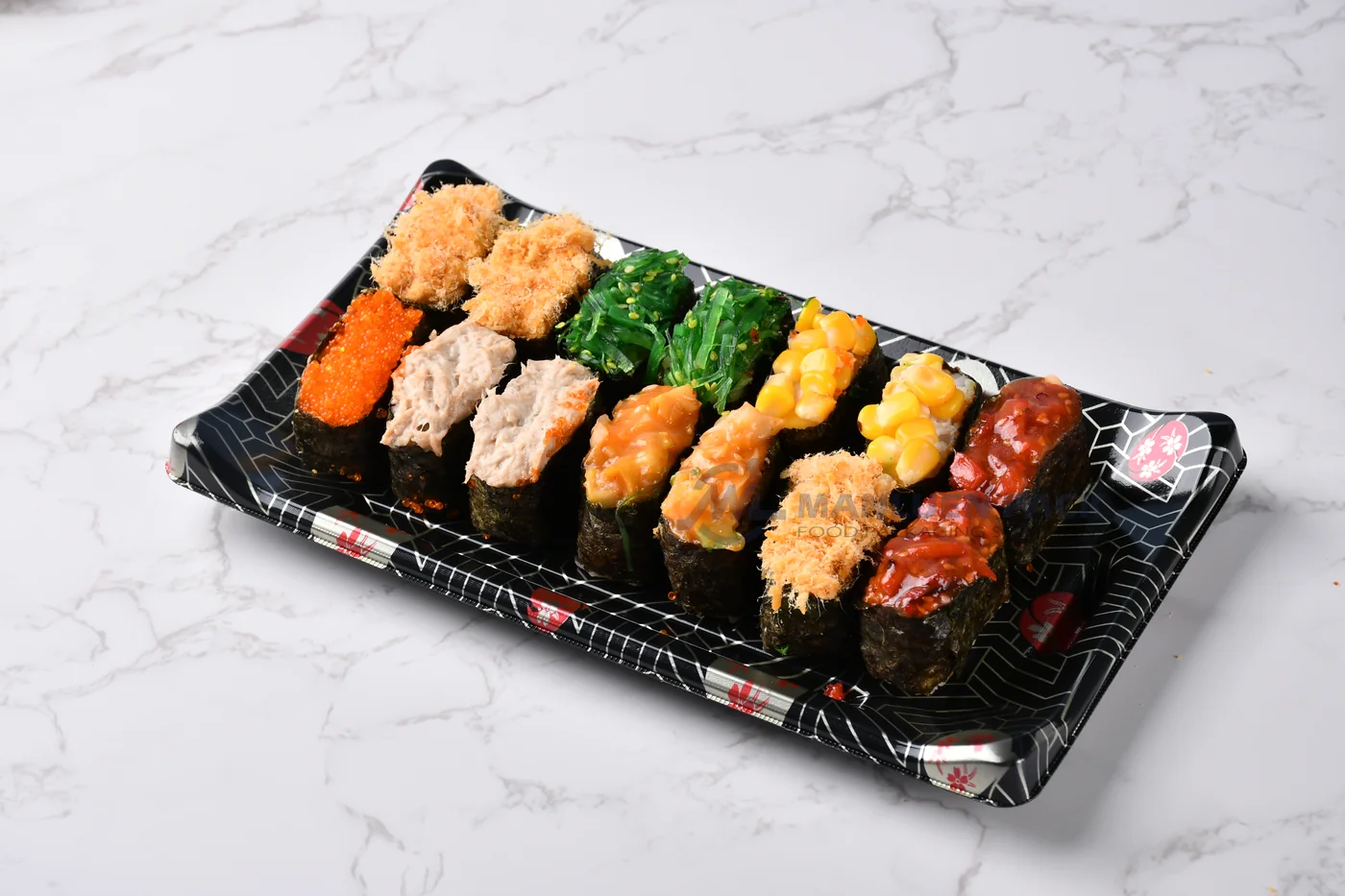 WL-B09 boat shape sushi tray shown in a gunkan sushi presentation on marble