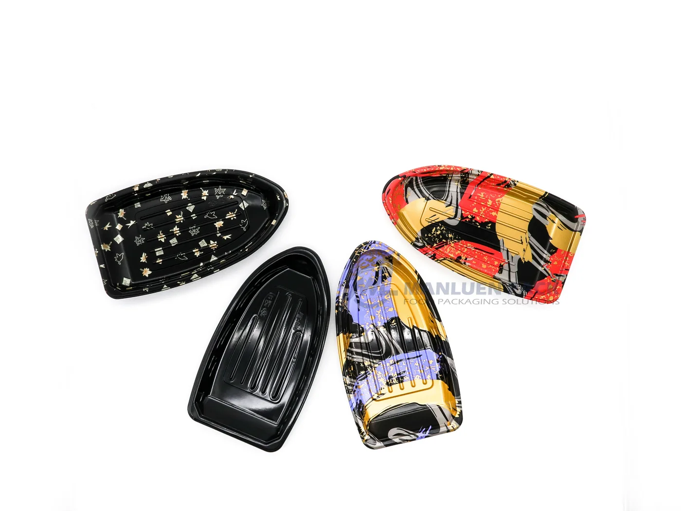 WL-B16 boat shape sushi tray shown in a boat sushi tray finish assortment