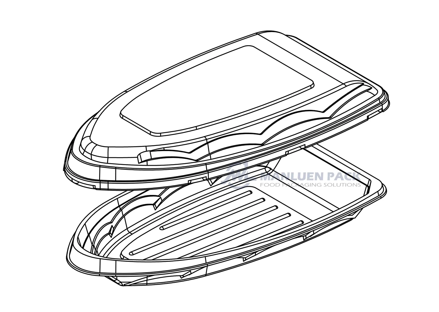 Boat-Shaped Sushi Tray Structure Reference | Manluen Pack Structure reference showing the base and transparent cover used for a boat-shaped sushi container