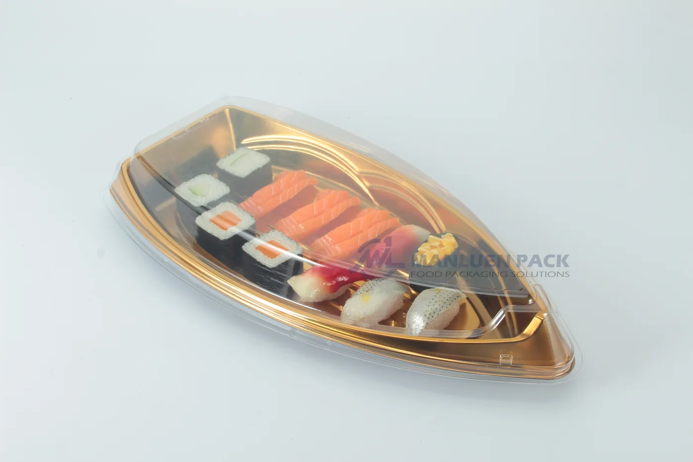 WL-B17 Gold Boat Sushi Party Tray | Manluen Pack WL-B17 extra-large gold boat sushi party tray with transparent cover for food display