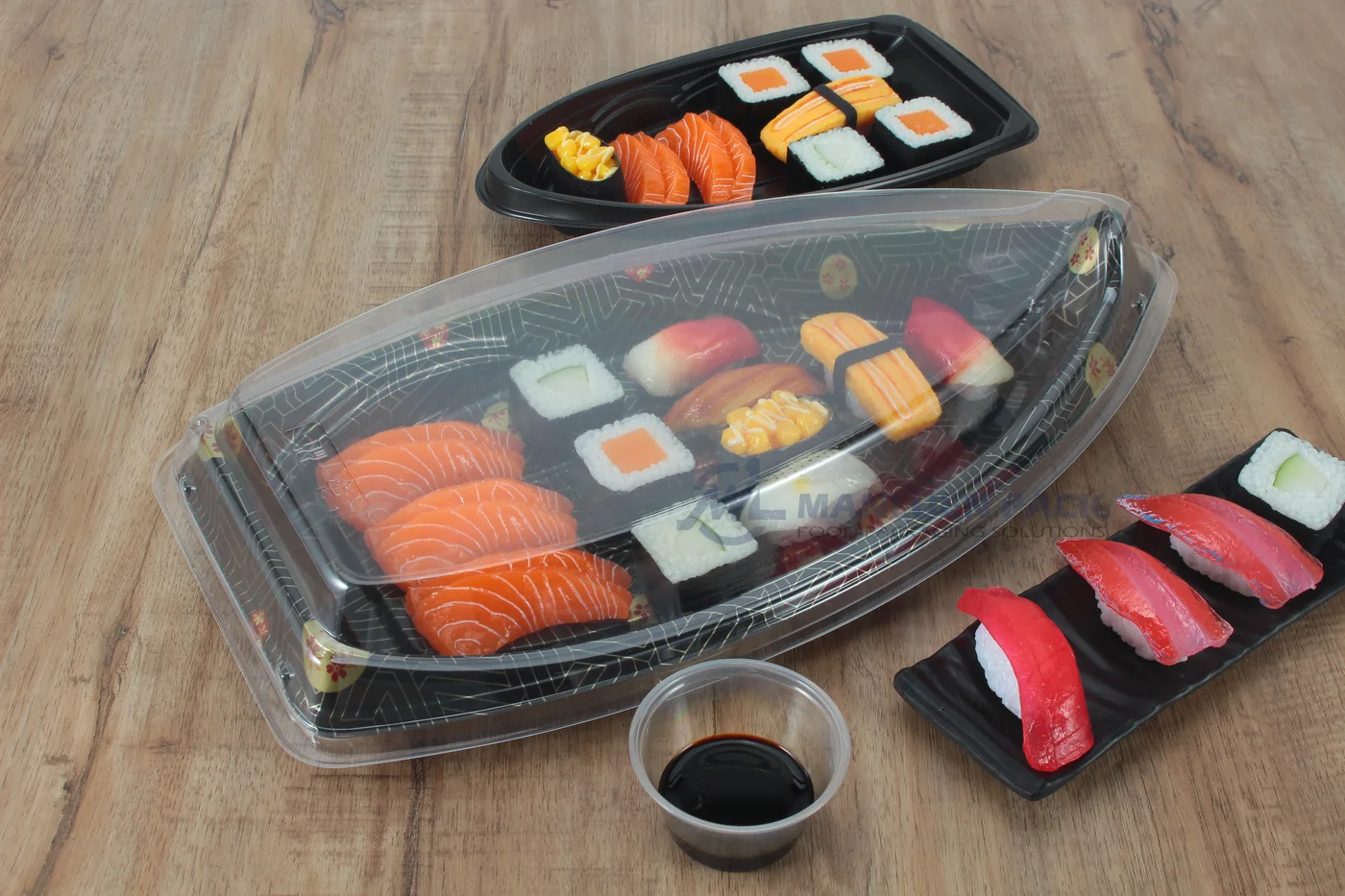 WL-B18 boat shape sushi tray shown in a covered boat sushi tray tabletop