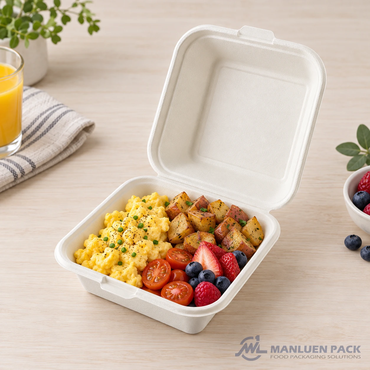 Bagasse clamshell container holding pancakes, eggs, berries and breakfast sides