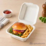Bagasse clamshell takeaway container holding a burger and french fries