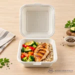 Bagasse clamshell container with grilled chicken, rice and vegetables