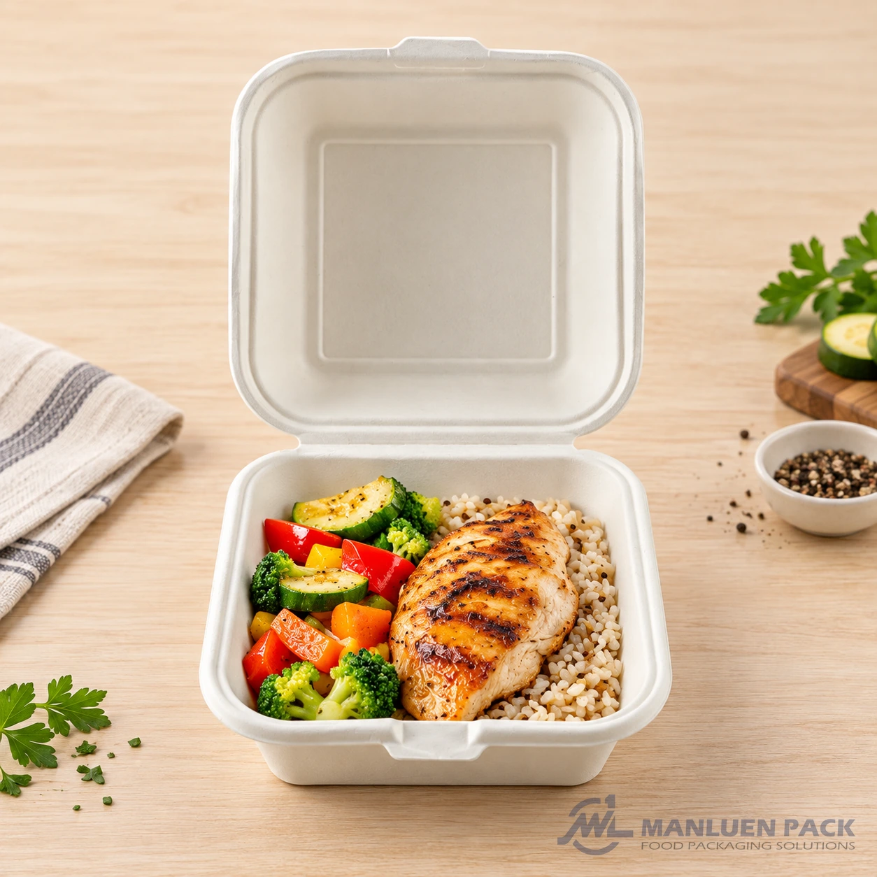 Bagasse clamshell container with grilled chicken, rice and vegetables