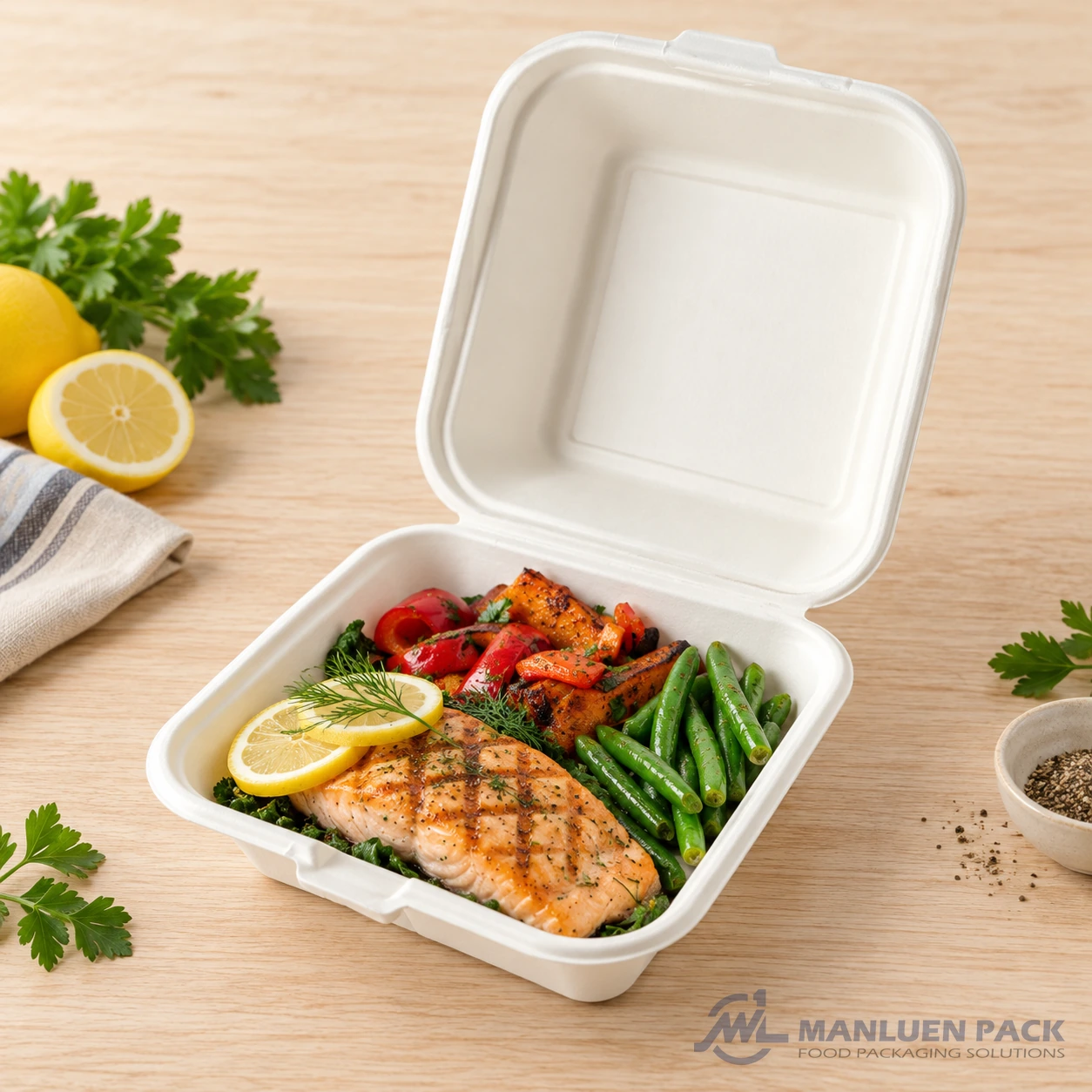 Bagasse clamshell container with grilled salmon and colorful vegetables