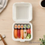 Bagasse clamshell food container serving assorted sushi rolls and garnishes